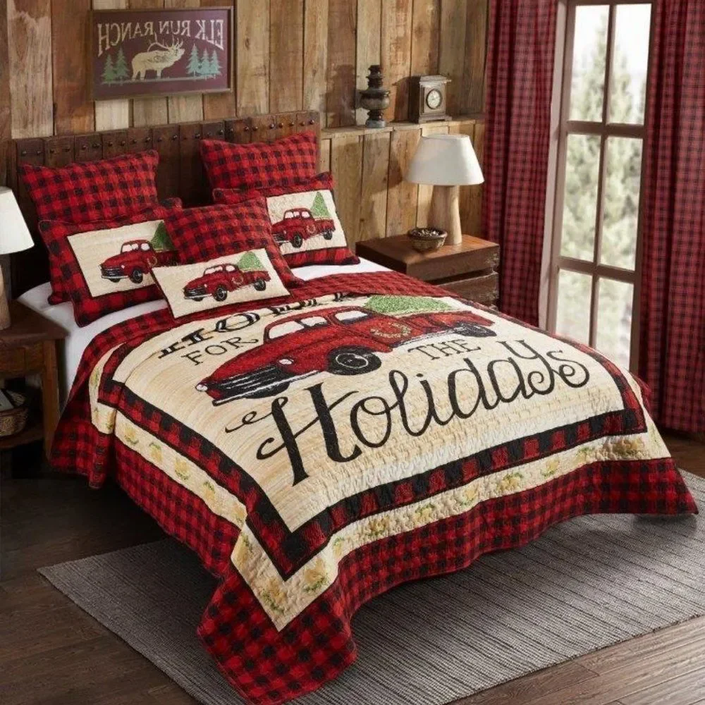 Red Vintage Truck Christmas Printed Queen Quilt Set Holiday Farmhouse Cottage - Picture 2 of 4